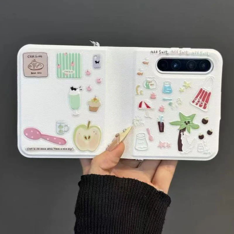 

z flip 7 case cute Book style flip phone cases for Samsung Galaxy Z Flip7 zflip6 zflip5 leather case with cartoon beach sticker
