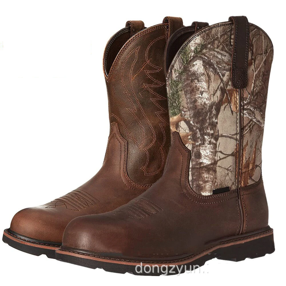 

Men's Brown Leather Camouflage Print Western Work Boots Durable Block Heel Cowboy Boots Outdoor Workwear Boots for Daily Use