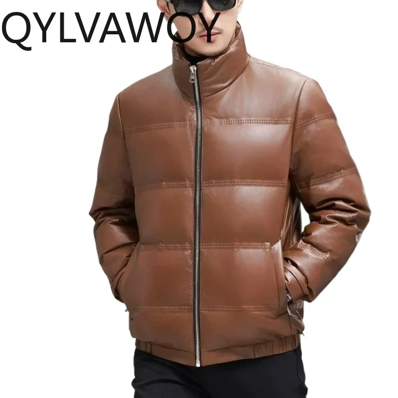 QYLVAWOY 100% Real Leather Down Jacket Men Warm Winter 2026 Top Layer Cowhide Genuine Letaher Coat Fashion Brown Puffer Coats