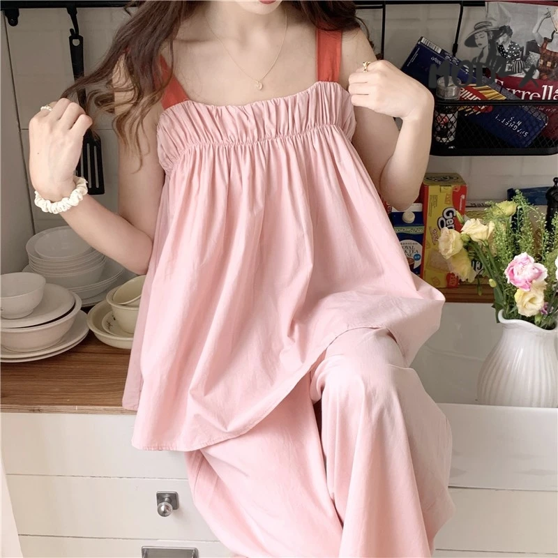 MODX Korean Version Of The Sweet Cotton Collision Colour Loose Suspenders Set Halter Dress Summer Outside Home Wear Hot New