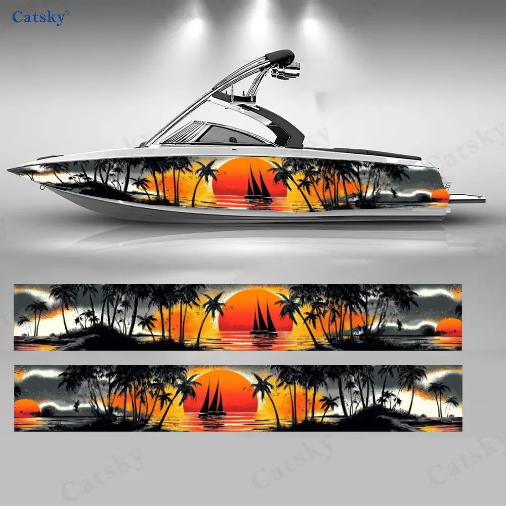2Pcs Palm Coast Sunset Sail Boat Stickers, PVC Waterproof Durable Vinyl Wrap Decals for Fishing Boat, Durable and Stylish Design