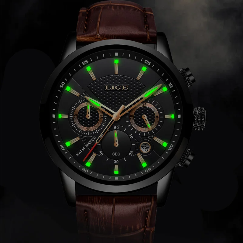 Fashion Mens Watches LIGE Top Brand Leather Chronograph Waterproof Sport Auto Date  Quartz WristWatch For Men Relogio Masculino