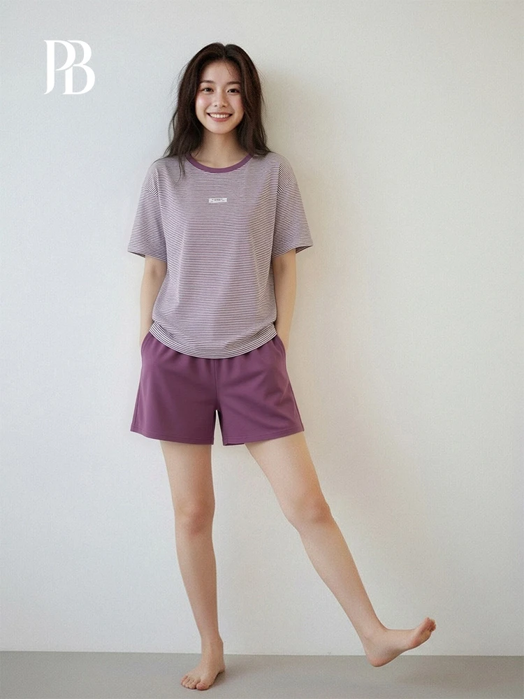 Ultra Soft Pure Cotton Short Sleeve Sleepwear Women's Home Clothes Outwear Suitable for Summer Purple Stripes Comfortable Loo...