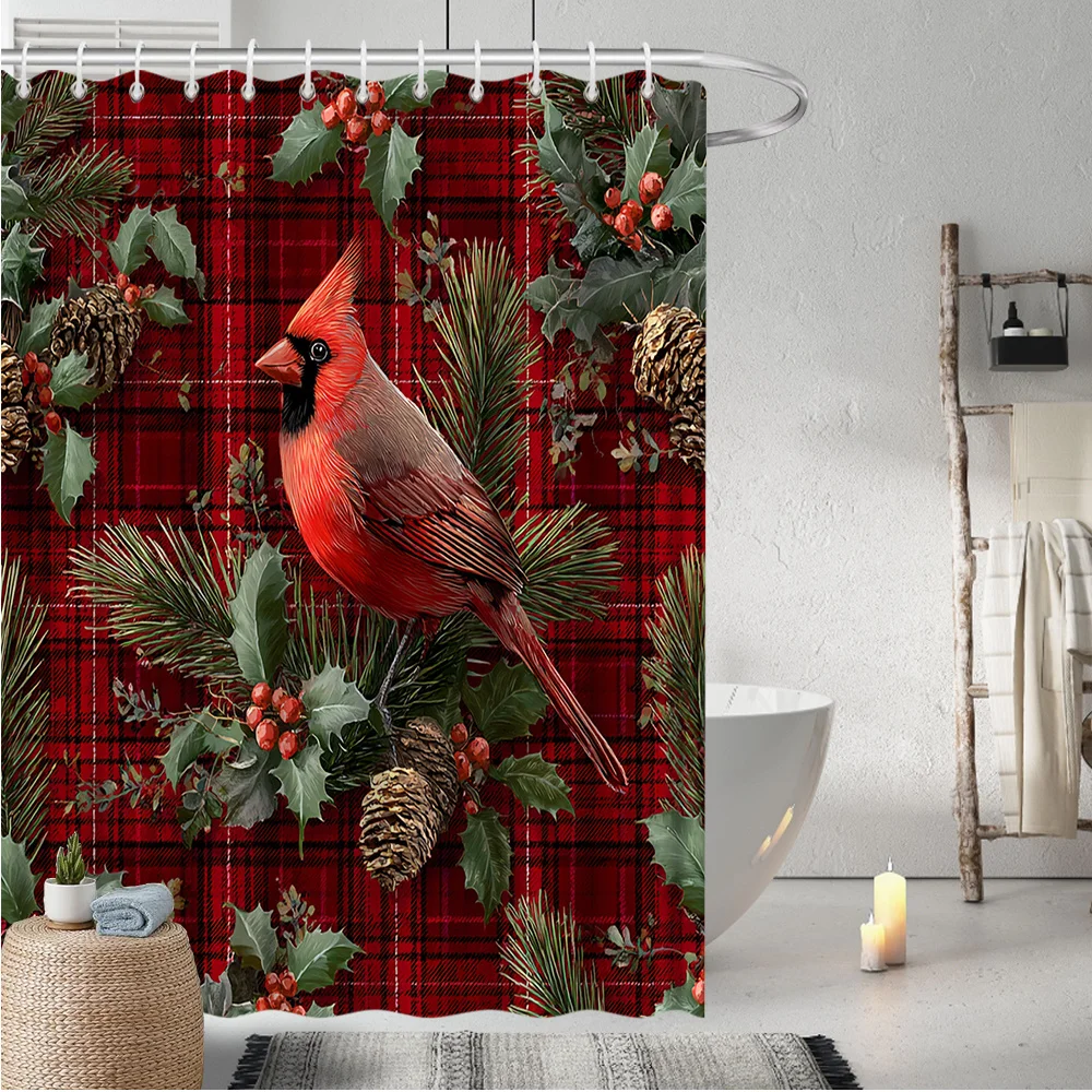 Vibrant Red Cardinal Forest Christmas Plaid Shower Curtain Bathroom Decor Xmas Holiday Woodland Scene