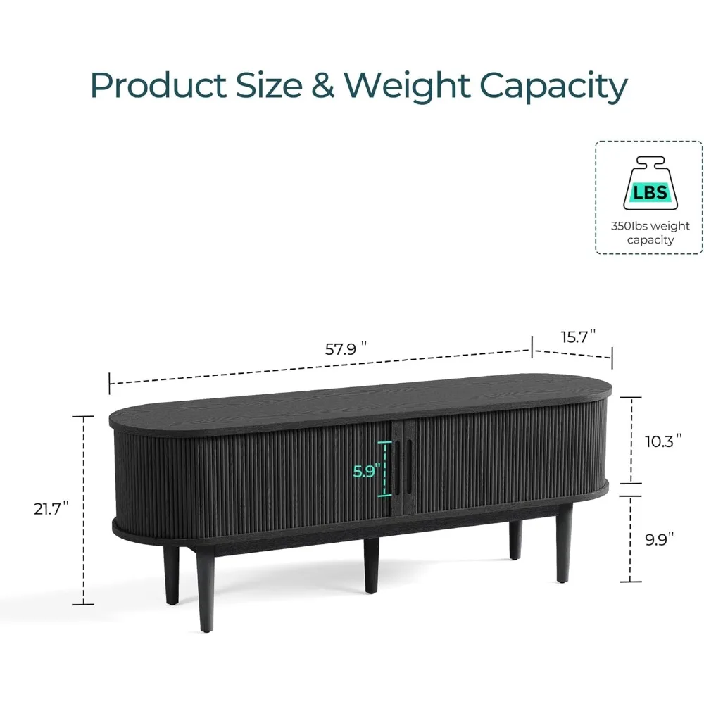 Mueble para TV moderno de mediados de siglo 65 con puerta corredera y almacenamiento - Centro de entretenimiento de madera estriada para sala de estar