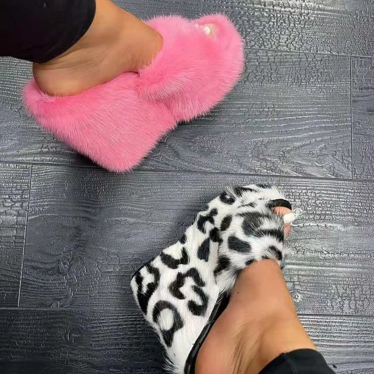 New Fur Slippers Women\'s Wedge Heel Shoes Women High-heeled Furry Drag Fashion Outdoor All-match Shoes Slippers Furry Slides