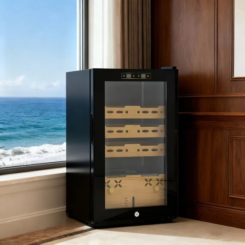 Fingerprint Password Dual-Temperature Single-Zone Wood Tempered Glass Stainless Steel Integrated Wine Refrigerated Cabinet Cigar