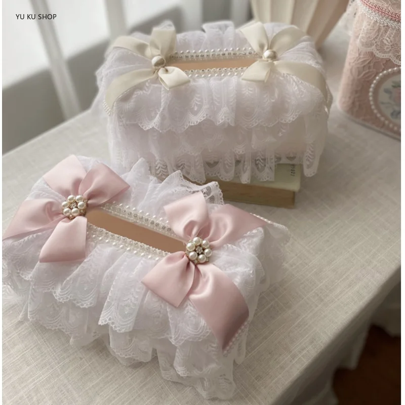 Korean Lace Tissue Box Vintage Pearl Napkin Holder Decorative Fabric Paper Box Dining Table Storage Organization Decoraction