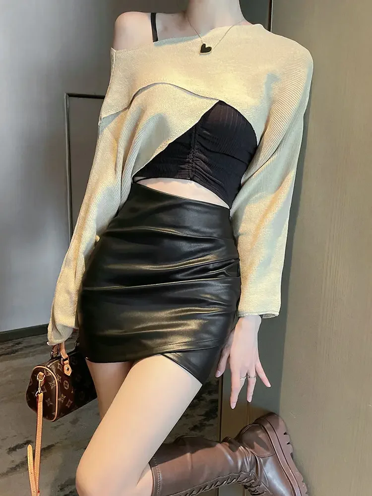 

PU Mini Skirts Women Asymmetrical Designed Chic Slim Office Ladies High Waist Elegant Female New Autumn Simple Fashion Ins 2025