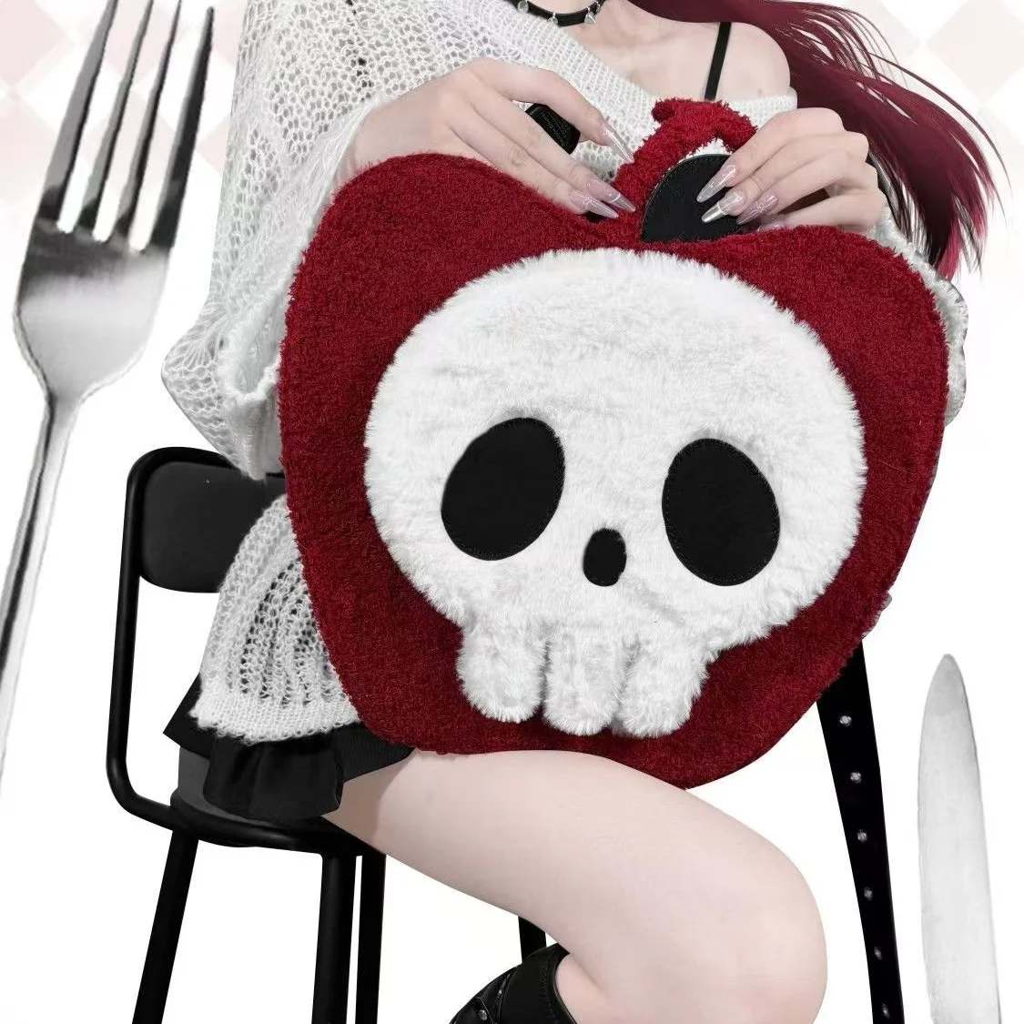 Apple Skull Shaped Plush Backpack Girls Gothic Style Funny Bag Christmas, Halloween Birthdays Gift For Kids Women Girls