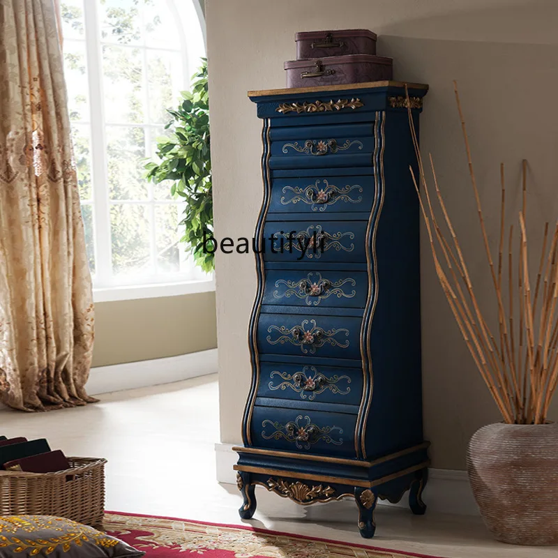 Blue Seven-Drawer Vintage Carved Storage Cabinet for Living Room and Bedroom Decoration