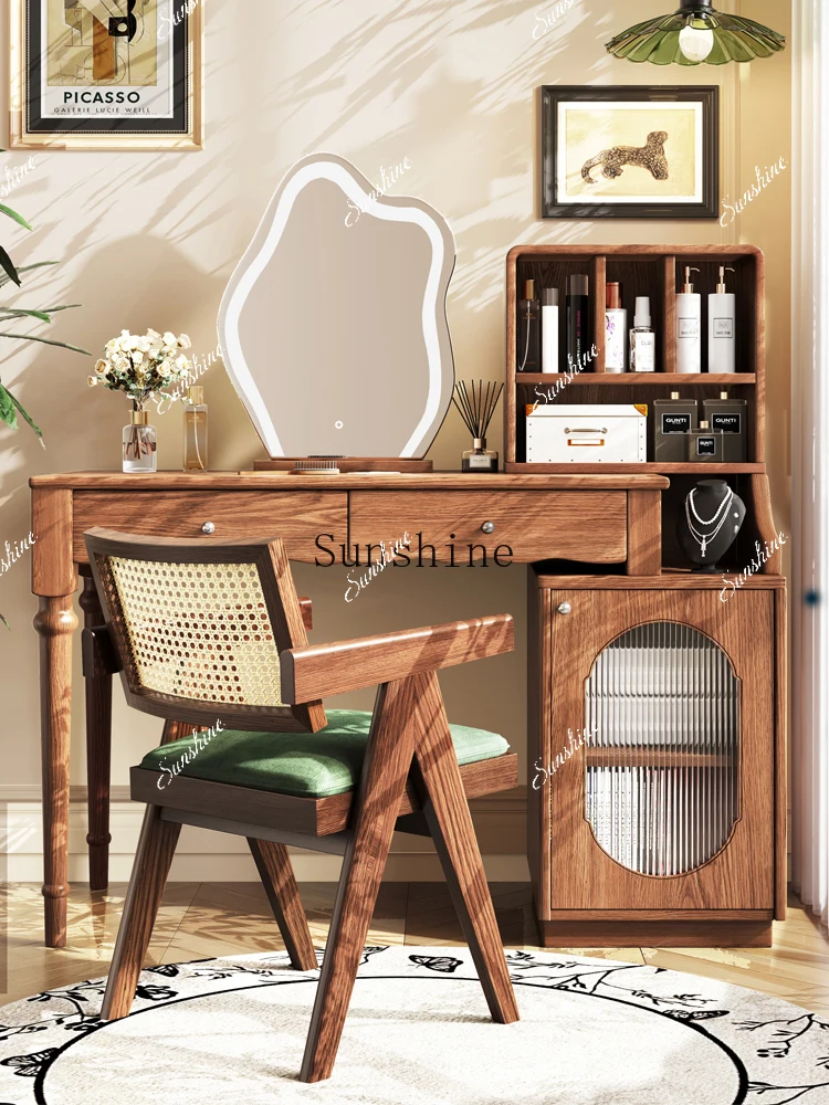 

Medieval solid wood dresser storage cabinet integrated light luxury retractable makeup table FT