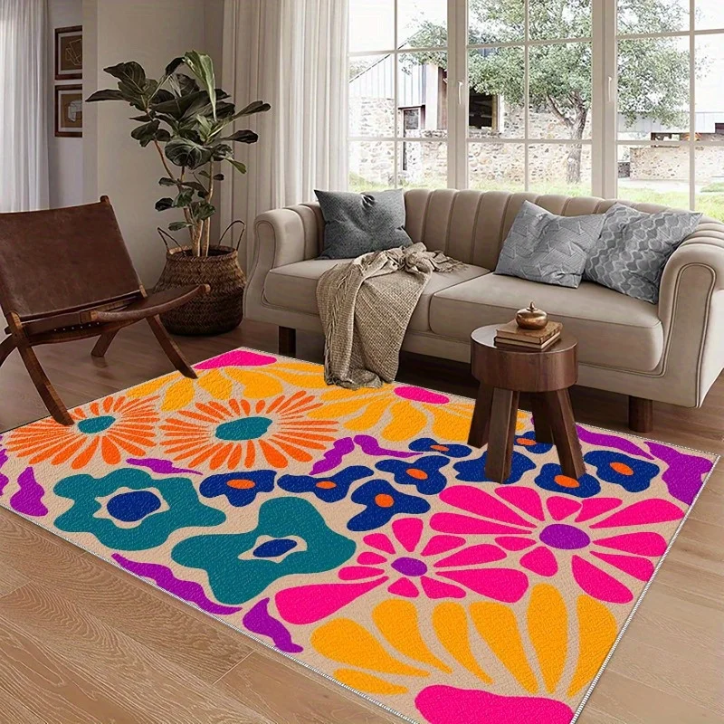 VIKAMA Groovy Hippie Flower Indoor Rug Bright Multicolor Retro Floral Pattern Non‑Slip Stain‑Resistant Washable Floor Mat Home