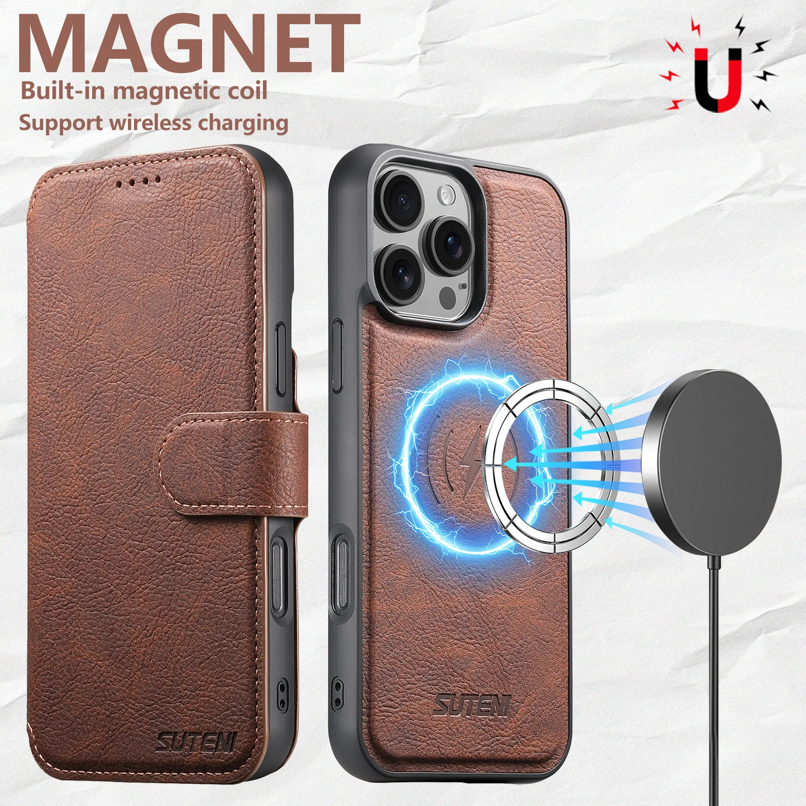 Magnetic Wireless Charge Case for iPhone 14 13 15 16 17 18 Pro Max 16 Plus Shockproof Leather Wallet Card Slots Flip Cover