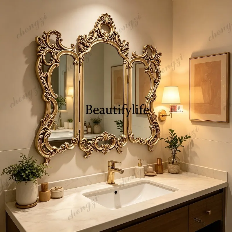 French retro makeup mirror carved three-fold vanity mirror desktop folding wall-mounted three-sided mirror
