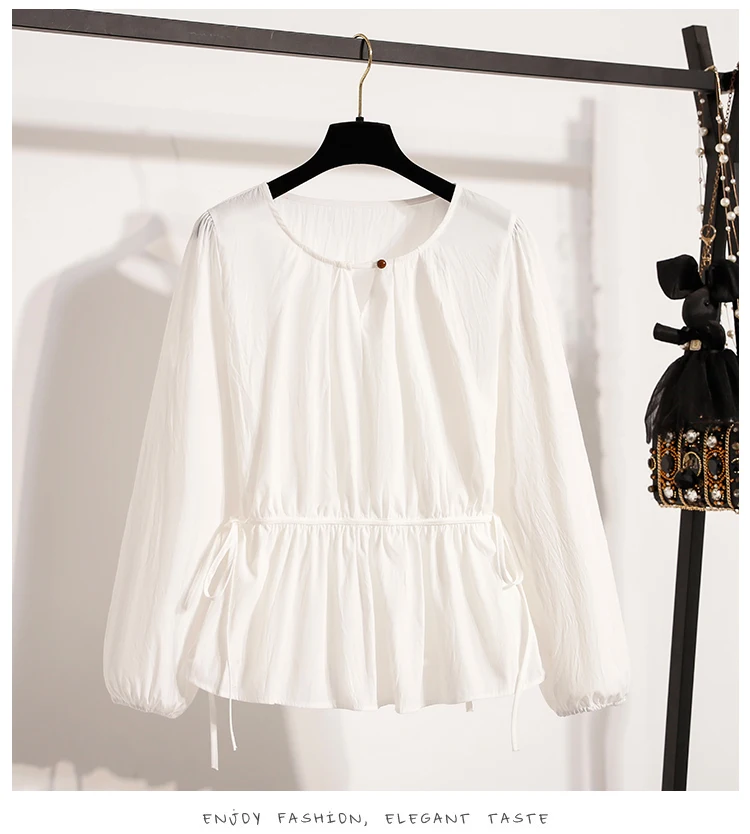 2026 Weiße Bluse mit Kordelzug-Taille, langen Ärmeln, lockerem Schnitt, verjüngendem Peplum, Babydoll-Stil, lässiges Top aus Crinkle-Stoff – Detail 3