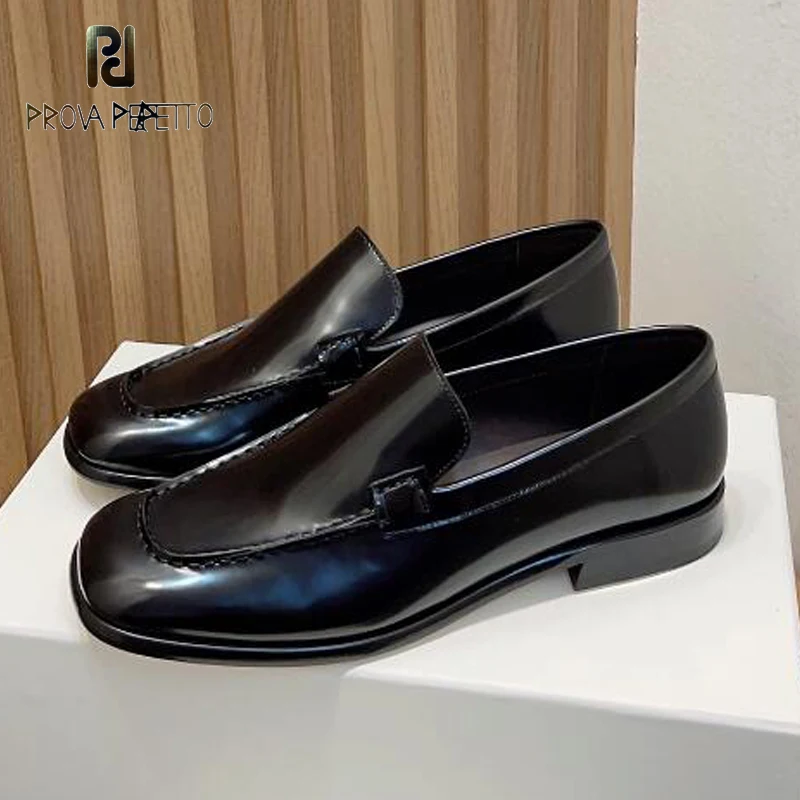 

Handsome Small Leather Shoes Women Black Squared Toe Deep Mouth Casual Loafers Sewing Leather Comfy Daily Dress Shoe New