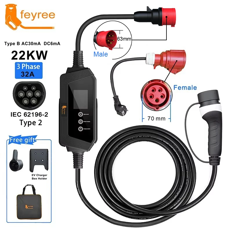 feyree Type2 Portable EV Charger 22KW 32A 3Phase EV Charger EVSE Charging Box 5m Cable with Socket IEC62196-2 for Electric Car