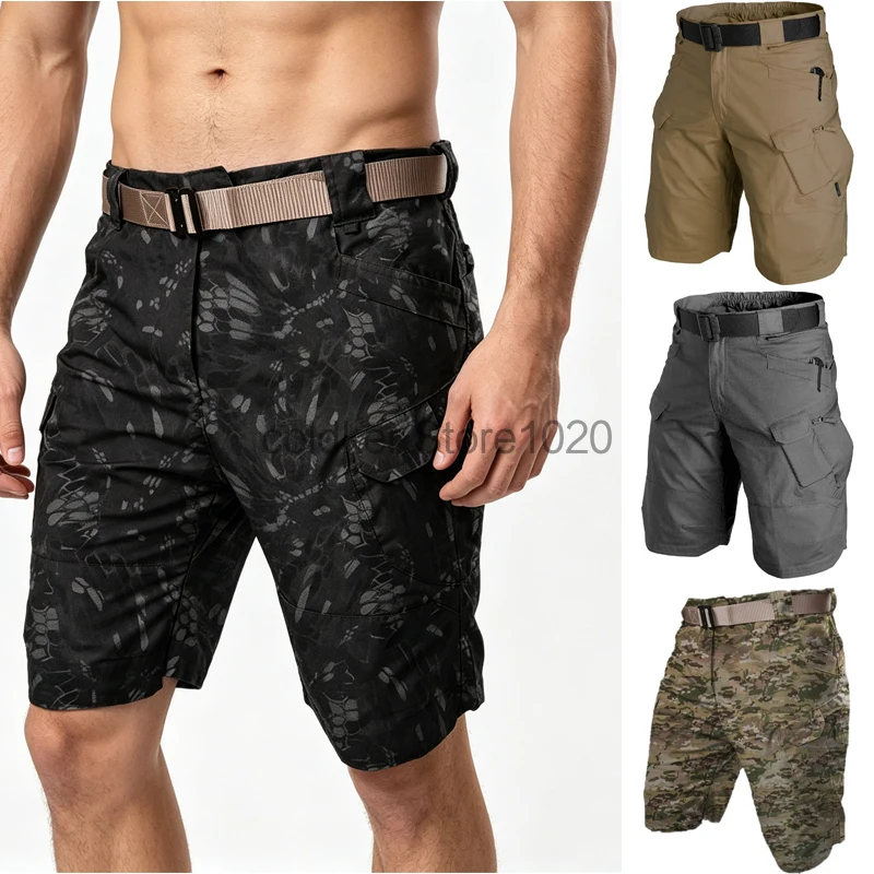 Men Shorts Military Waterproof Cargo Tactical Shorts Male Summer Outdoor Camo Breathable Quick Dry Pants Casual Shorts No Belt