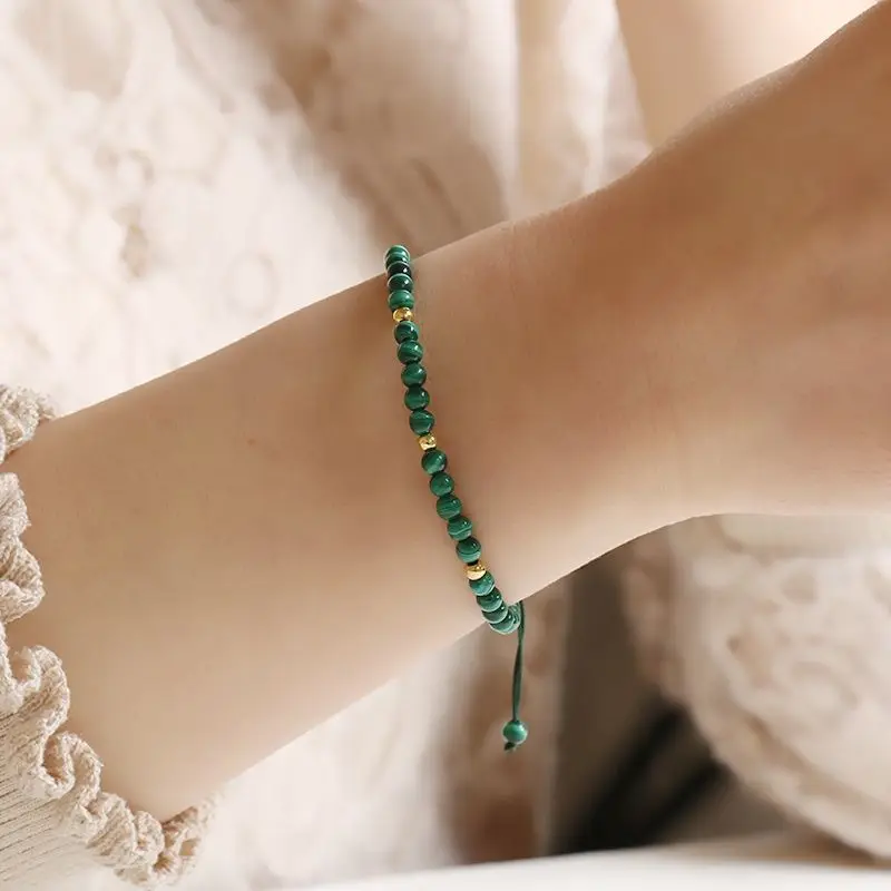 

New May Birthstone Design 4Mm Fine Genuine Round Beads Malachite Bracelet Women's Handmade Woven Rope Handstring Birthday Gift