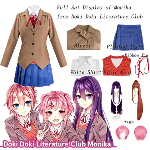 Oyun Doki Edebiyat Kulübü Natsuki Cosplay Sayori Yuri Monika Cosplay Kostüm Peruk Seti okul üniforması Kız Kadın Kostümleri