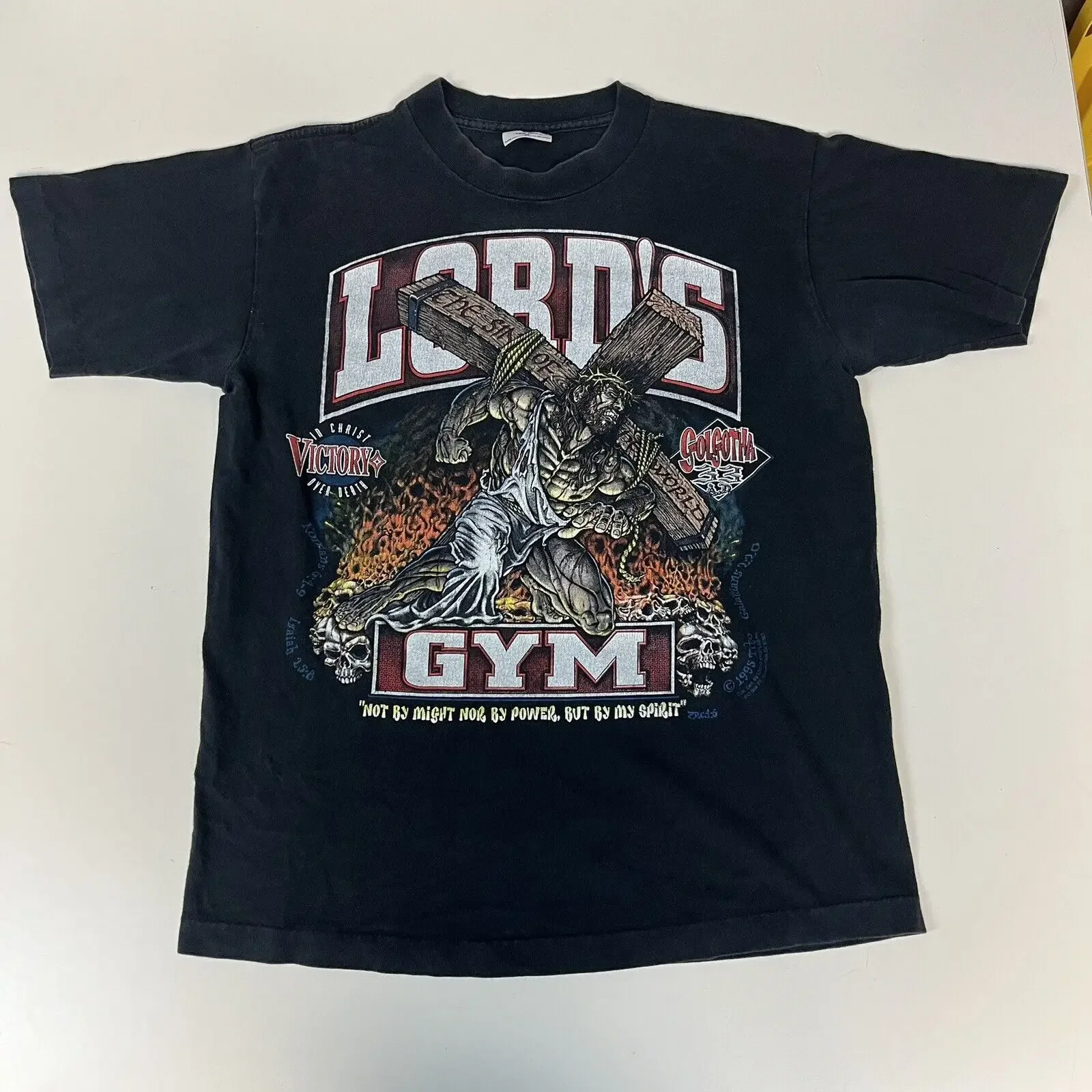 Vintage 90s Lord’s Gym T Shirt Black size Medium Double Sided vtg jesus tee 1995