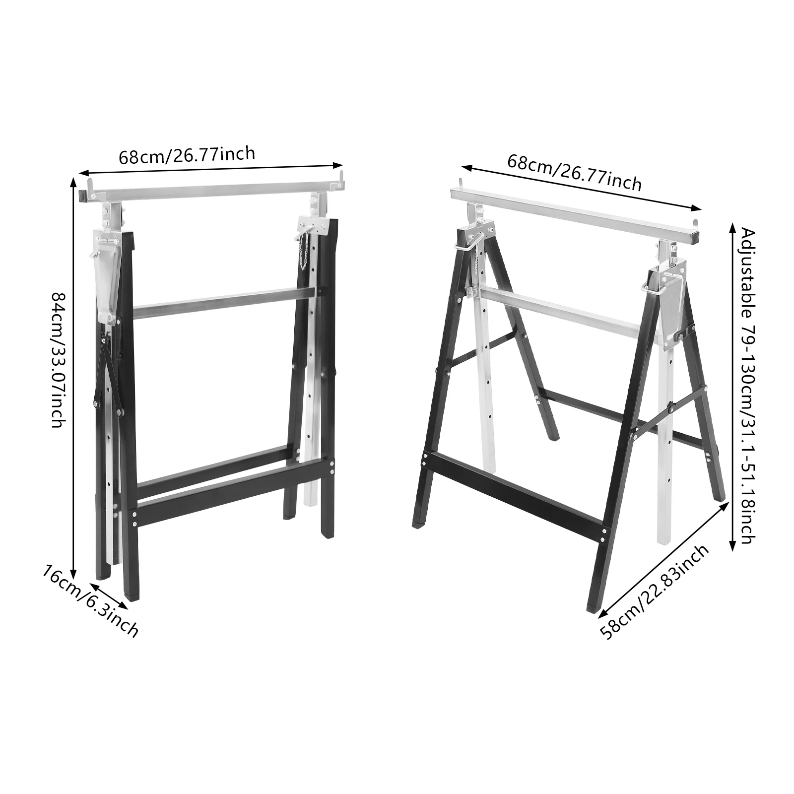 2Pcs Saw Horses, Adjustable Folding Support Stand 31.1-51.18in 220lbs Heavy Duty, Anti-Slip Easy Install Portable Storage Workbench