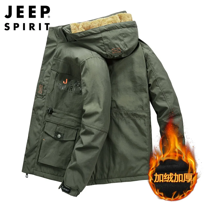 JEEP SPIRIT autumn  winter mid-length cotton jackets men plus velvet thickening loose cold-proof warm high-quality coat clothes