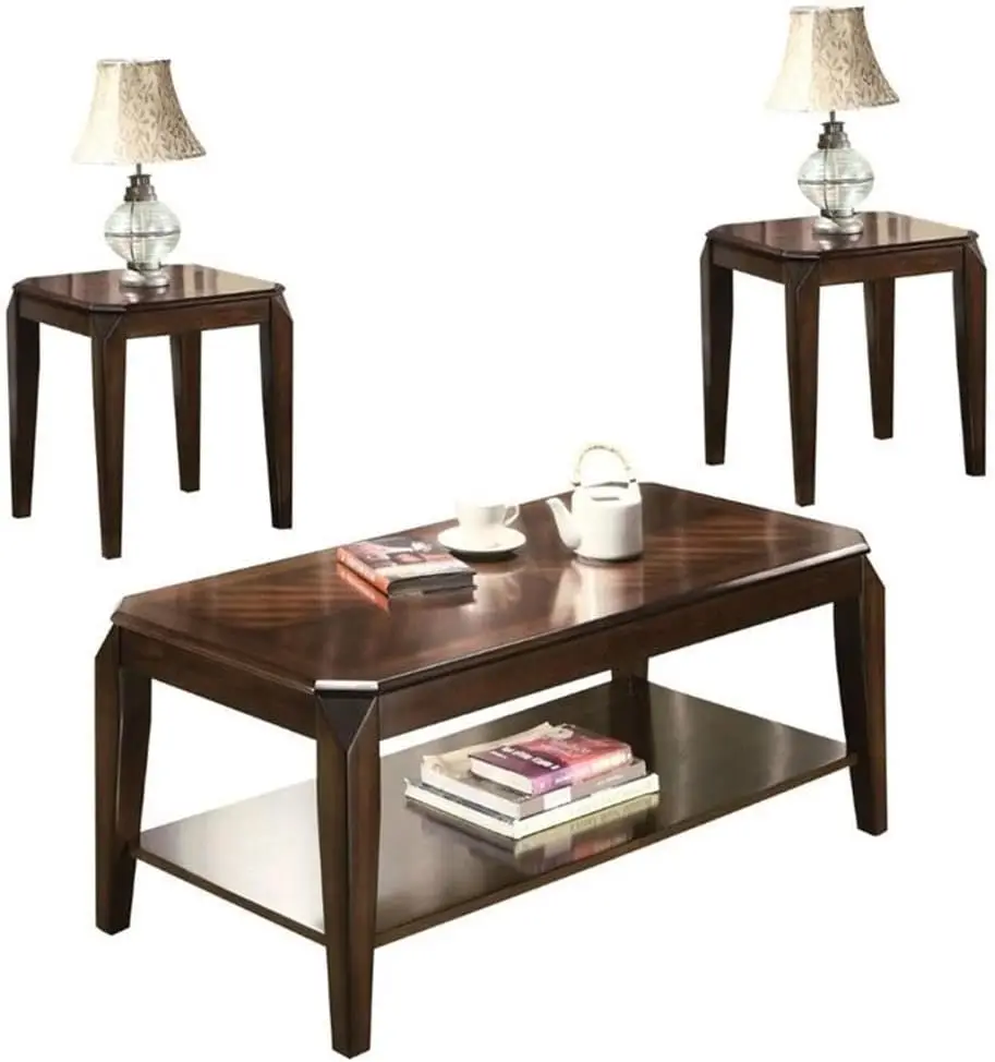 

3-Piece Walnut Wooden Coffee Table Set with Shelf, Contemporary Design for Living Room