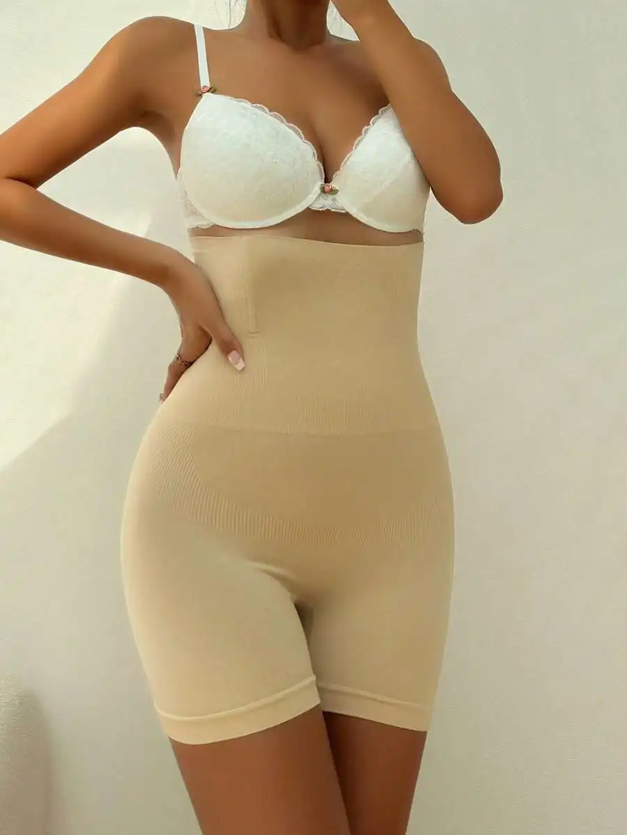 

Beige High-Waisted Ruched Shapewear Shorts For Women, Semi-Sheer Comfort Fit With Lace Trim