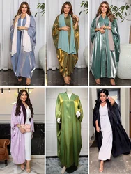 Abaya abierta de manga murciélago de satén de seda brillante para mujer, caftán marroquí árabe de gran tamaño, bata Eid Al Adha, moda musulmana