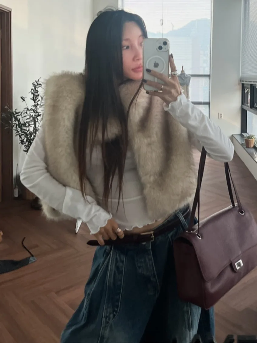 Chic Oversized Furry Vest Women's Winter Luxury Feel Outerwear Side Buttoned Jacket Korean Style Soft Sweater for Casual Stre...