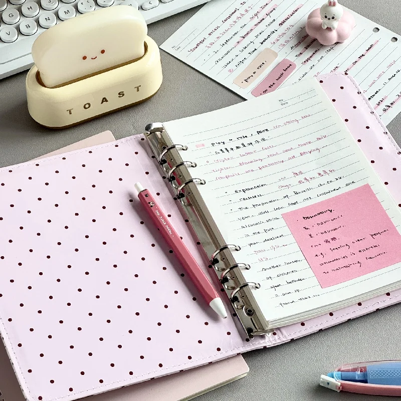 Cute Polka Dot Piano PU Leather Loose Leaf Binder Notebook Detachable Pages Portable Journal for School