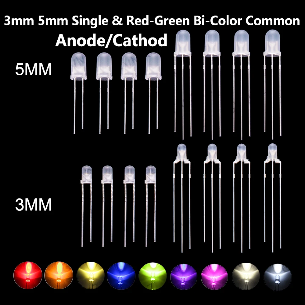 100PCS/1000PCS Frosted LED Diode Indicator 3mm 5mm Single & Red-Green Bi-Color Common Anode / Cathode