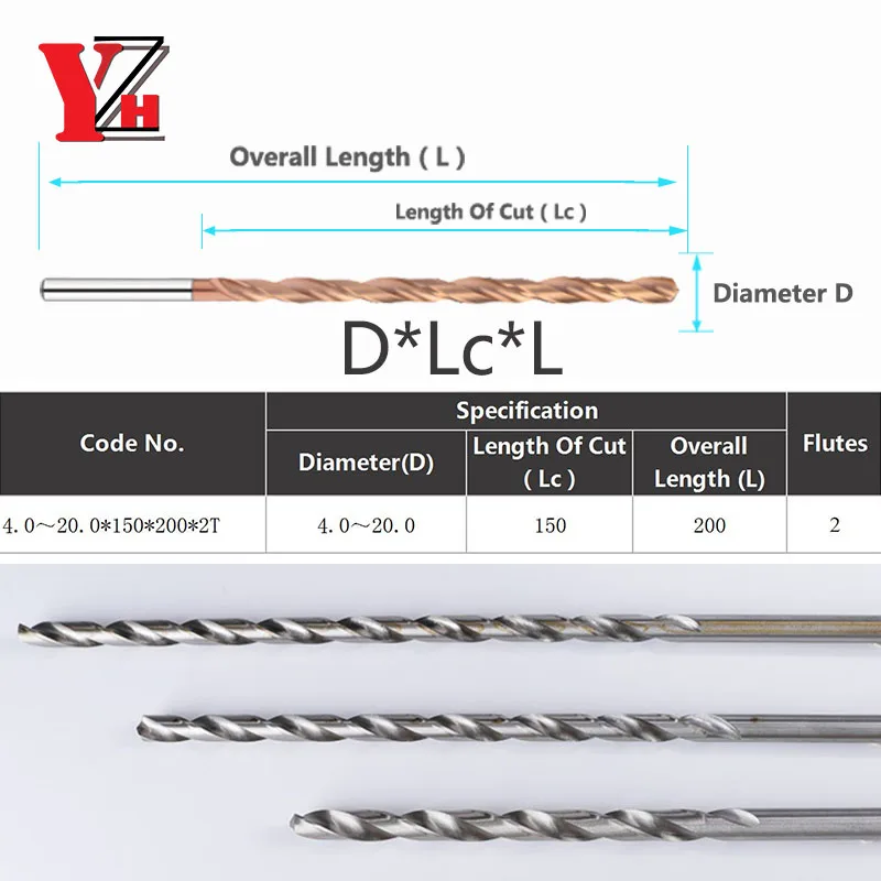 YZH 200L Carbide Twist Drill Diameter D4-D20 Solid Tungsten Bits HRC50/55 CNC Straight Handle Drilling Hole For Metal Iron Steel