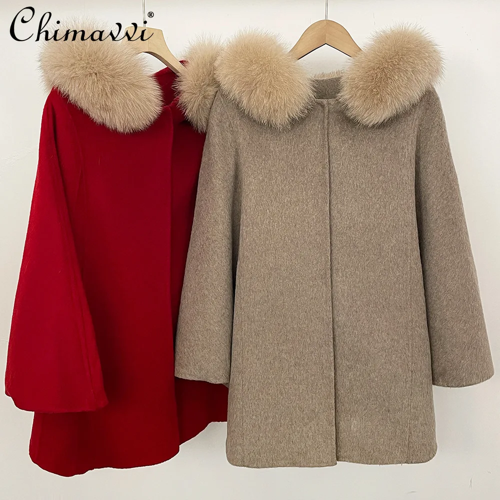

2025 Winter Winter Hooded Trench Wool Coat Detachable Fox Fur Collar Loose Versatile Simple Long Woolen Jackets for Women