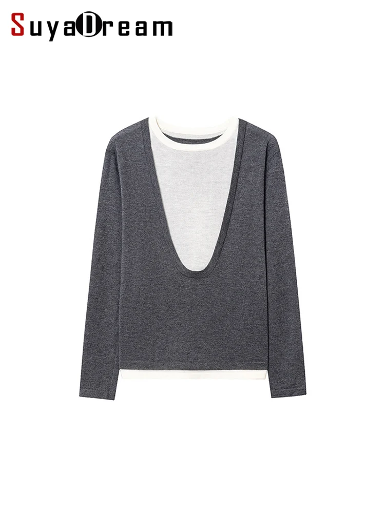 SuyaDream, Wool Pullovers for Woman, Fake two pieces, U Neck Sweaters, 2025 Fall Winter Soft Warm Top