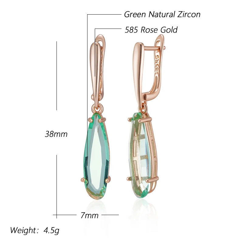 Kinel Fashion Unique Green Stone Long Drop Earrings for Women Geometry Natural Zircon 585 Rose Gold Color Daily Vintage Jewelry