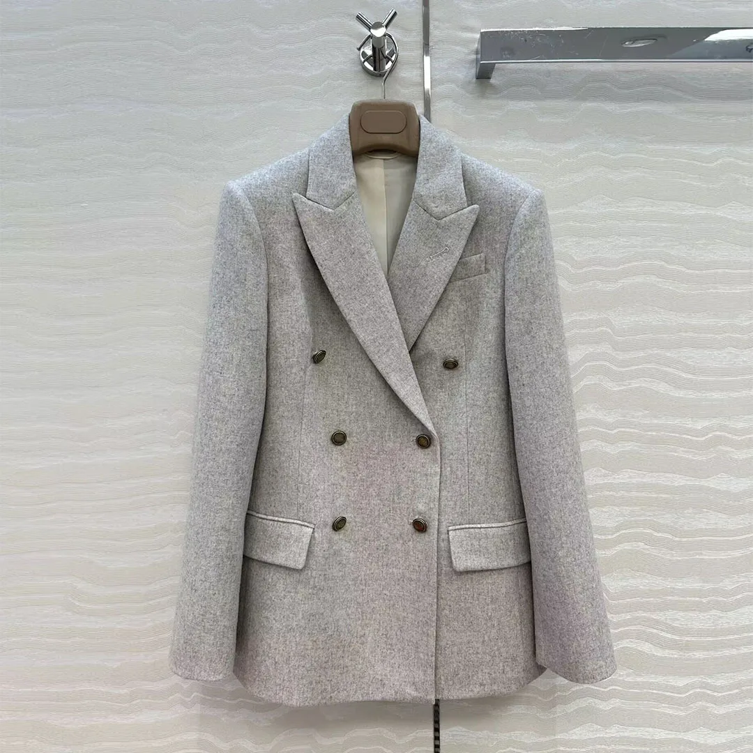 

Vintage Old Money Style Brown Woolen Blazer Jacket Women New Autumn Winter Notched Double Breasted Long Sleeve Office Suit Coat