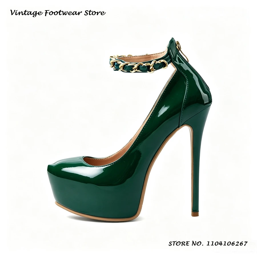 Patent Leather Platform Pumps with Chain Round Toe Thin Heels Plus Size Party Shoes Sexy Women's Solid Shallow Zipper High Heels