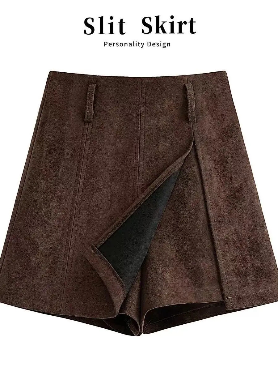 Coffee Suede  Skirt High Waist A-Line Split Fashionable Vintage Women's Clothing Label Removed Spring Autumn Winter