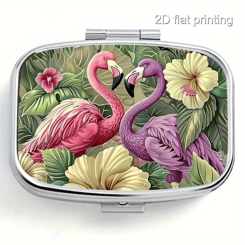 1 unidad de caja de pastillas cuadrada de metal con estampado de flamencos y flores, mini estuche portátil de dos compartimentos, adecuado para viajes, deportes al aire libre, bolsillo o bolso, estuche portátil para tabletas, caja de metal multifuncional para decoraciones, joyas, pendientes, medicamentos