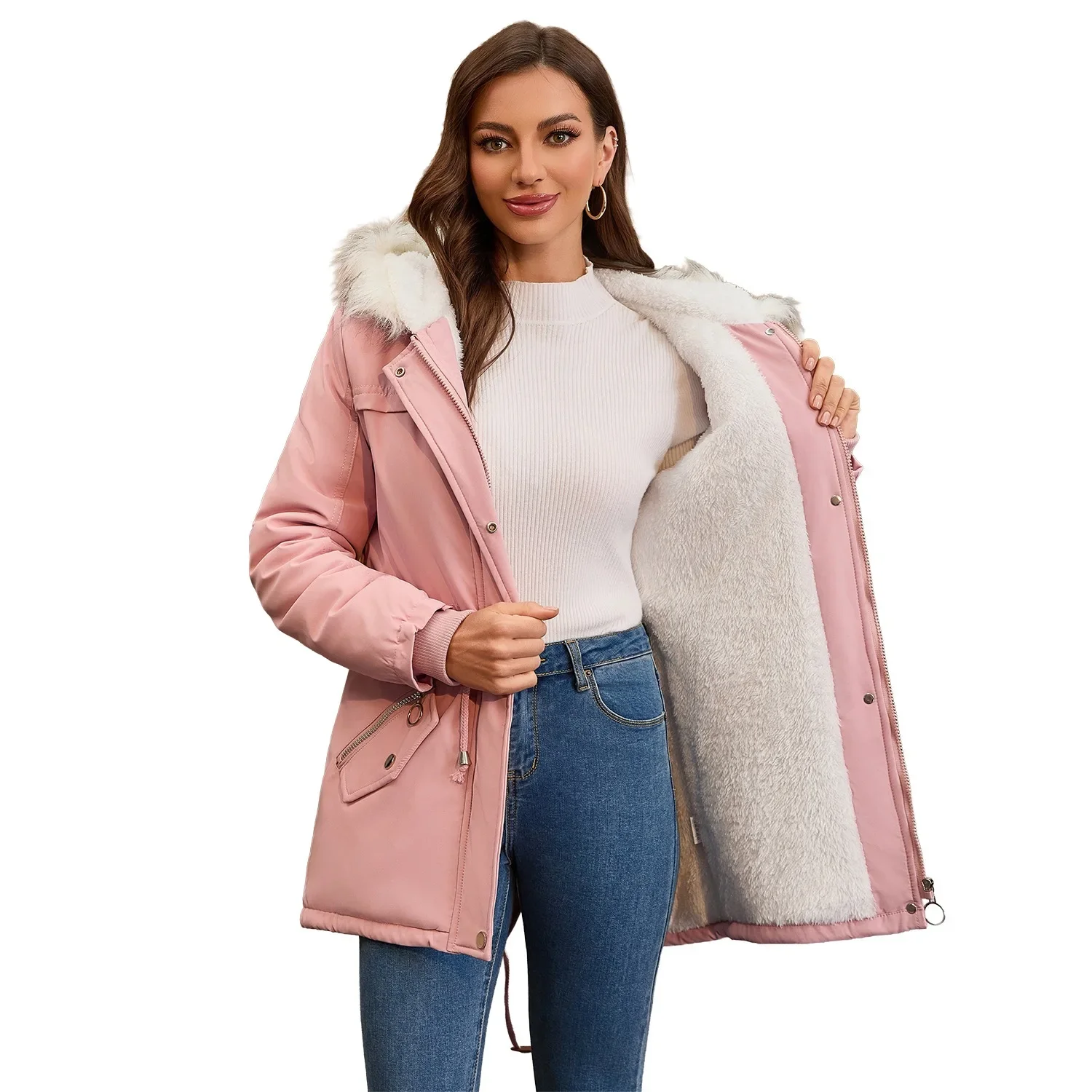 Autumn Winter New Women's Medium-Long Hooded Fleece Patchwork Cotton-Padded Coat With Fur Collar Waist-Close Warm