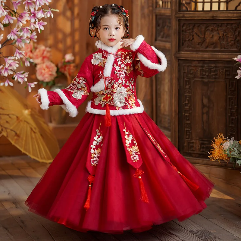 

New Year Clothes Girl Hanfu Dress Tangsuit For Winter 2022 Ancient Cheongsam Plus Velvet Warm Embroidery Turtleneck Clothing Set