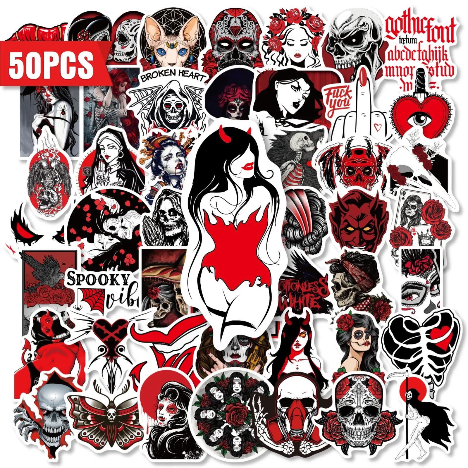 50 Pcs Red‑Black Gothic Graffiti Stickers, Waterproof Vinyl Decals for Phones, Skateboards, Luggage, Water Bottles & Laptops