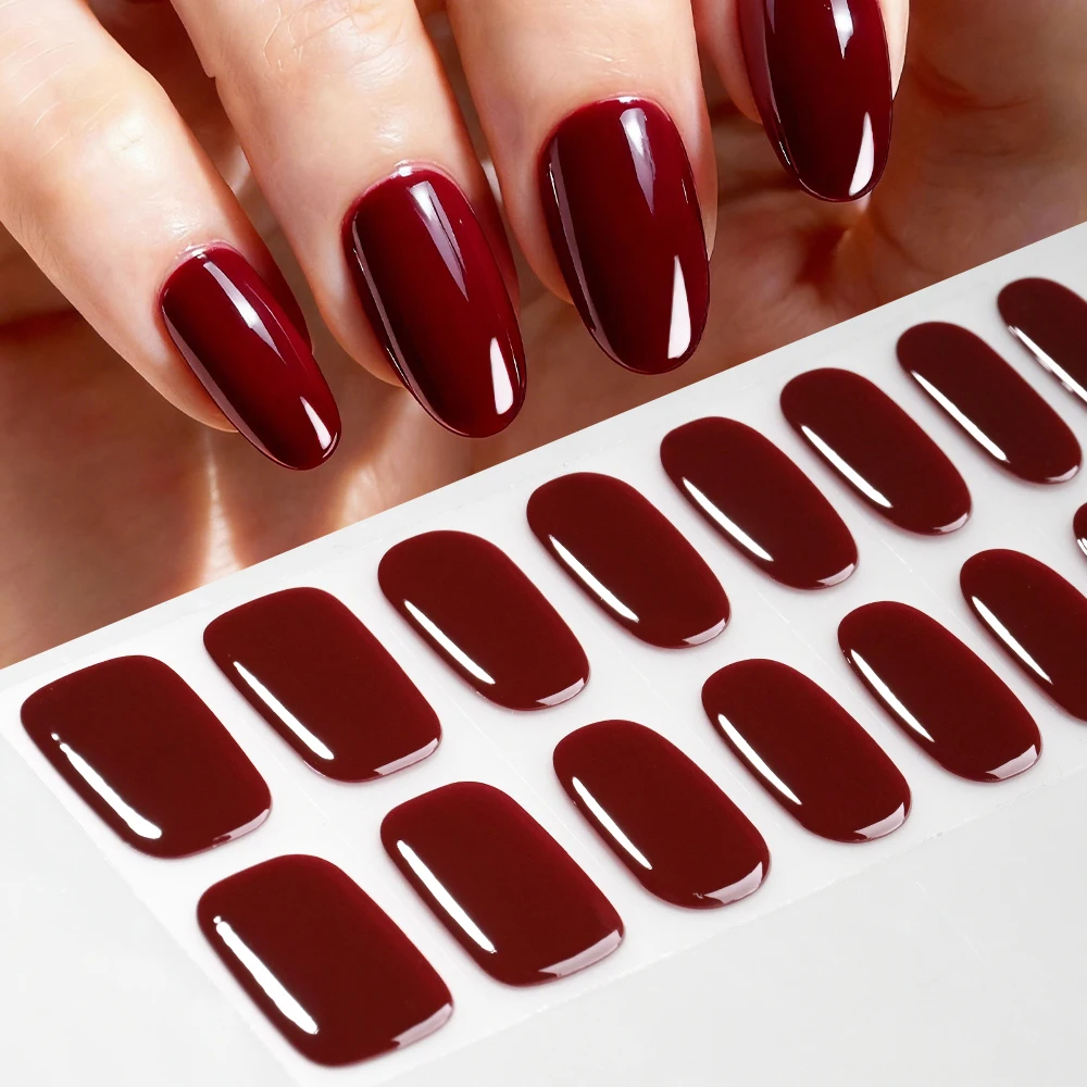 16Tips Burgundy Semi-Cured Gel Nail Stickers Glossy Red Full Cover Nail Wraps Long Lasting for Festival Party DIY Manicure Strip