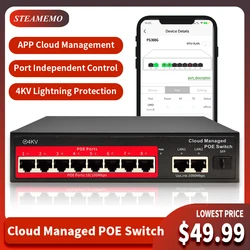 STEAMEMO-8 Port 48V POE Active Desktop Switch, 100 Mbps, 1000Mbps, SFP, App Control Switch, Pulg e Play para Câmera IP