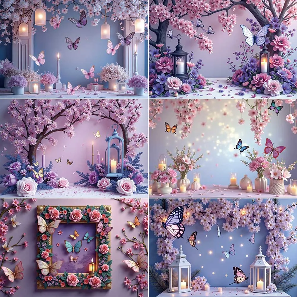 

MOON.QG Fairy Flower Purple Butterfly Birthday Photography Backdrop Light Rose Candle Photocall Background Child Studio Props