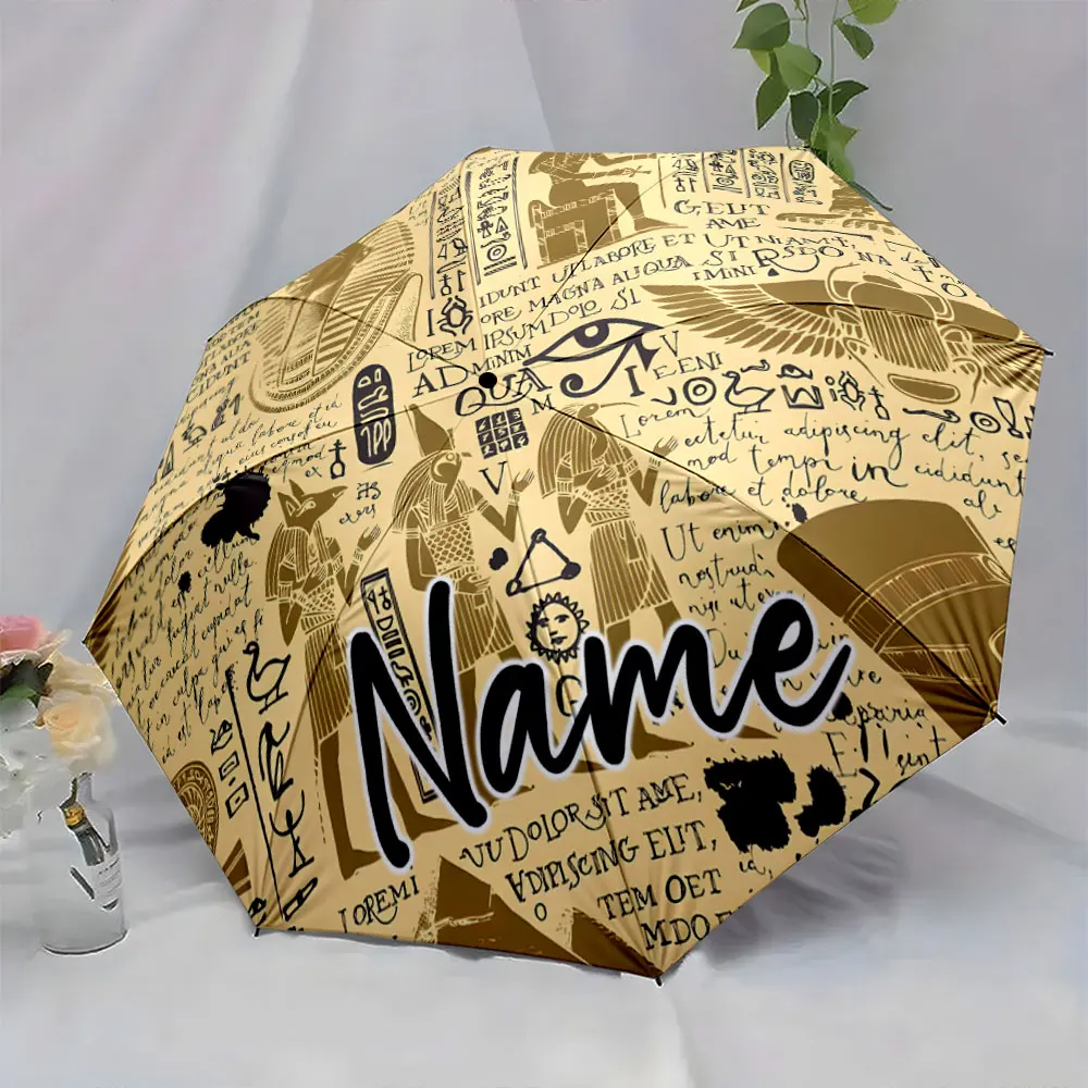 Custom Name Ancient Egyptian-Themed Umbrella Design 8 Iron Ribs Folding Umbrella Auto-Open Fashionable Sunshade Deluxe Gift
