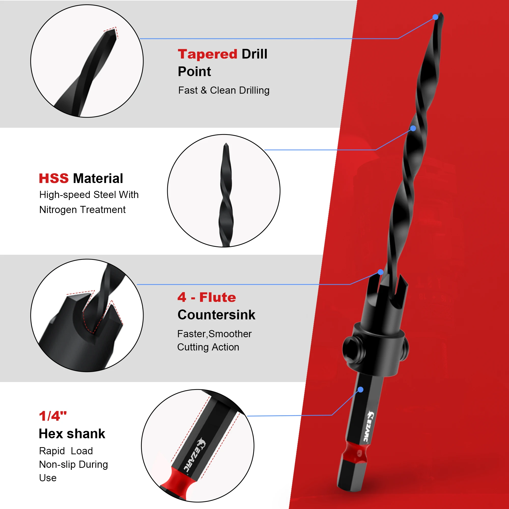 EZARC 24PCS Countersink Drill Bit Set Tapered Drill Bits Counter Sink Drill Bit with 6PCS Wooden Sticks 1/4